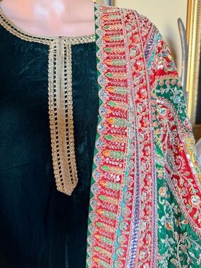 Embroidered Green Velvet 3 pieces suit with Multicolor Silk Shawl.